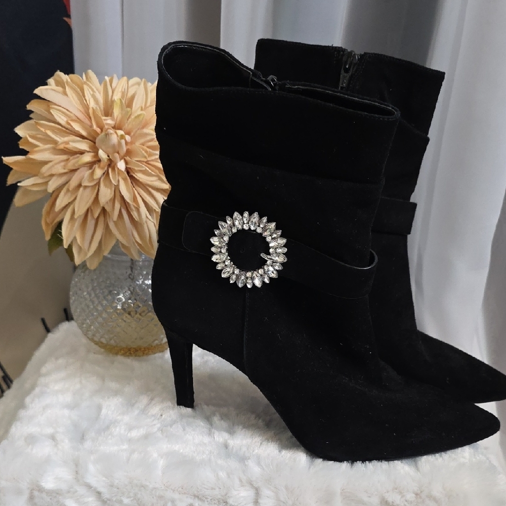 New Michael Kors Black Heeled Boots with Crystal Buckle